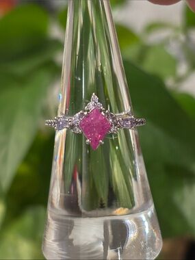 Dainty Pink Kite-Cut Gemstone Halo Ring in Silver
